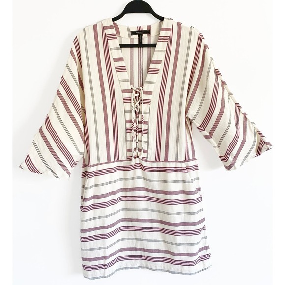 BCBGMAXAZRIA Milana Lace Up Tunic Dress Pockets White Red Black Striped Pullover - Picture 4 of 11